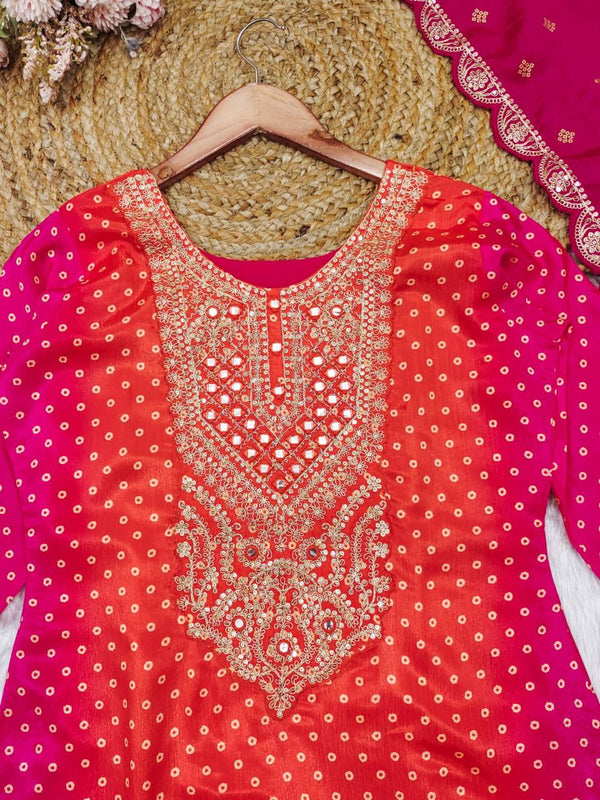 Diwali Special Chinon Bandhani Print Kurti, Pant with Dupatta